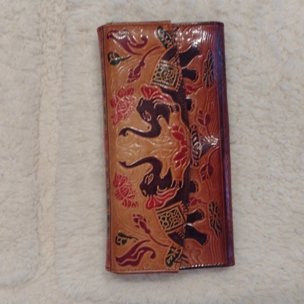 Genuine Hand-Tooled Painted Leather Clutch Wristlet Wallet Tribal Elephant Style